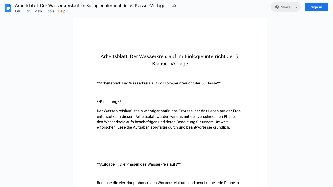 Arbeitsblatt: Der Wasserkreislauf im Biologieunterricht der 5. Klasse.-Vorlage