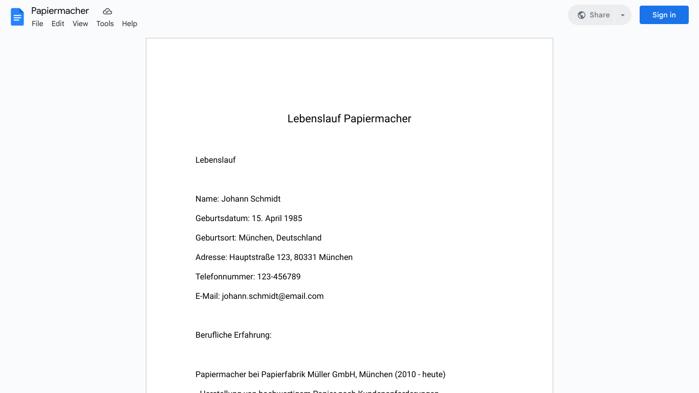 Lebenslauf-Papiermacher