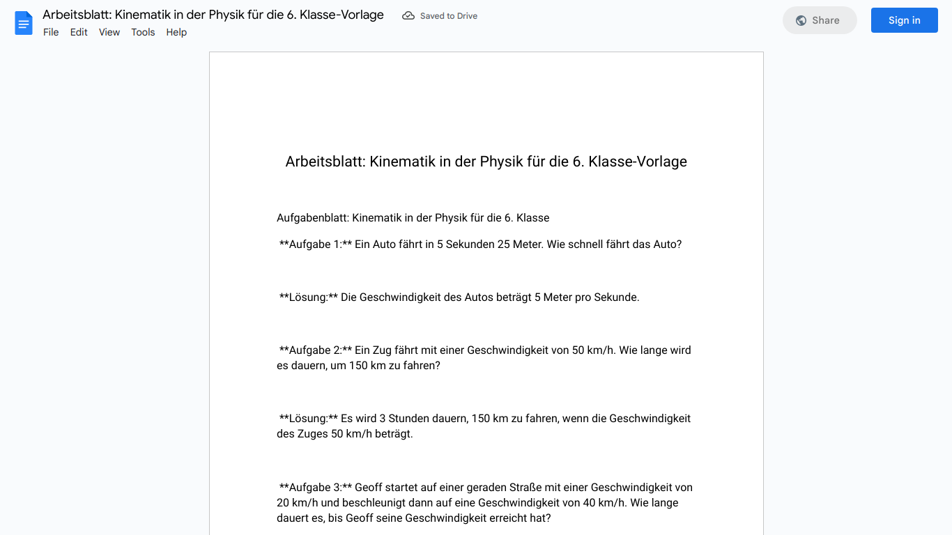 Arbeitsblatt: Kinematik in der Physik für die 6. Klasse-Vorlage