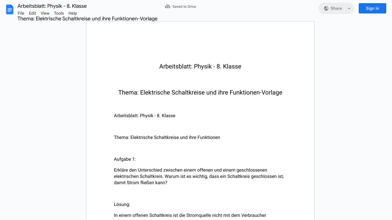 Arbeitsblatt: Physik - 8. Klasse

Thema: Elektrische Schaltkreise und ihre Funktionen-Vorlage