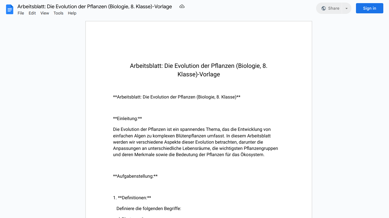 Arbeitsblatt: Die Evolution der Pflanzen (Biologie, 8. Klasse)-Vorlage