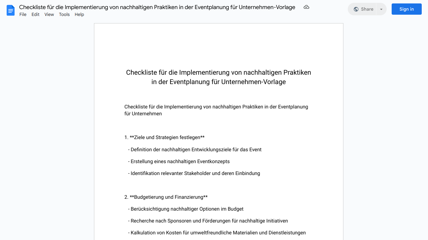 Checkliste für die Implementierung von nachhaltigen Praktiken in der Eventplanung für Unternehmen-Vorlage