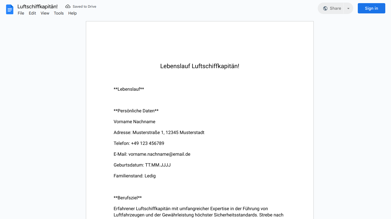 Lebenslauf-Luftschiffkapitän!