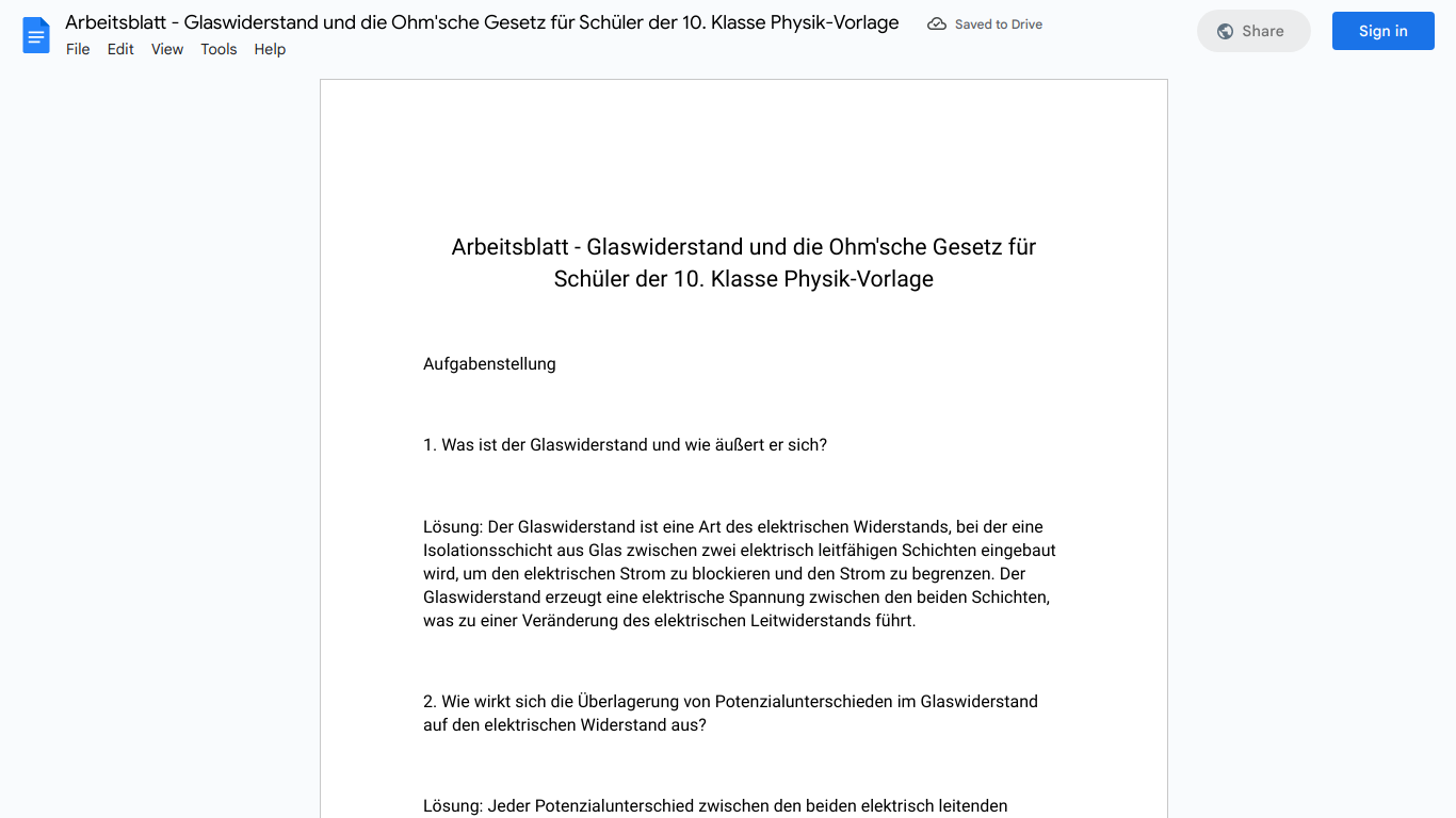 Arbeitsblatt - Glaswiderstand und die Ohm'sche Gesetz für Schüler der 10. Klasse Physik-Vorlage