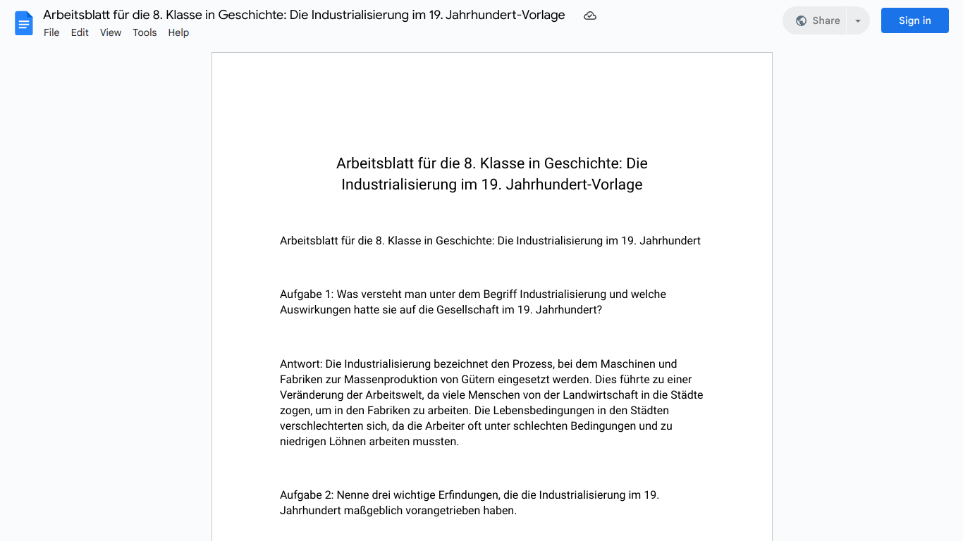 Arbeitsblatt für die 8. Klasse in Geschichte: Die Industrialisierung im 19. Jahrhundert-Vorlage