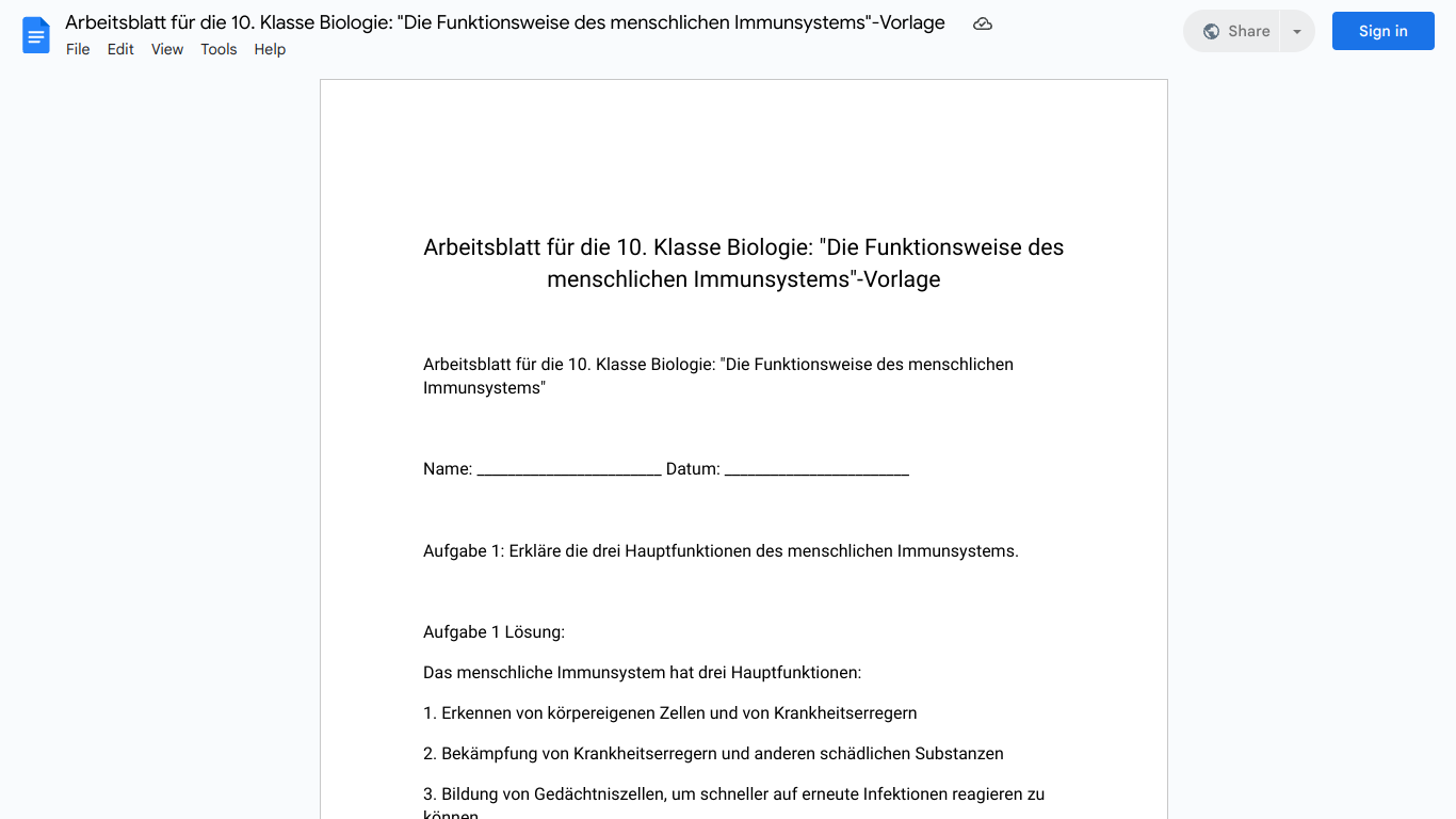 Arbeitsblatt für die 10. Klasse Biologie: "Die Funktionsweise des menschlichen Immunsystems"-Vorlage