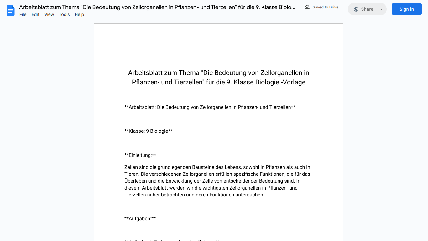 Arbeitsblatt zum Thema "Die Bedeutung von Zellorganellen in Pflanzen- und Tierzellen" für die 9. Klasse Biologie.-Vorlage