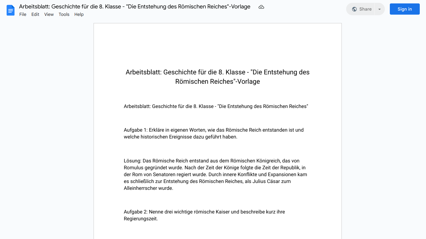 Arbeitsblatt: Geschichte für die 8. Klasse - "Die Entstehung des Römischen Reiches"-Vorlage