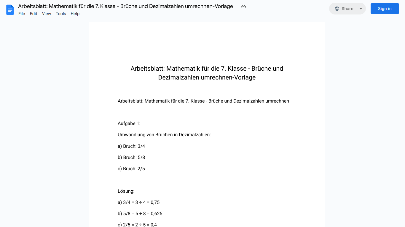 Arbeitsblatt: Mathematik für die 7. Klasse - Brüche und Dezimalzahlen umrechnen-Vorlage