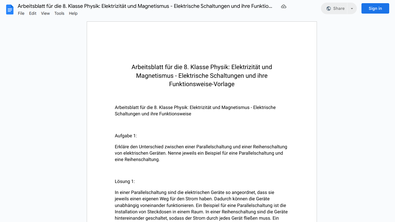 Arbeitsblatt für die 8. Klasse Physik: Elektrizität und Magnetismus - Elektrische Schaltungen und ihre Funktionsweise-Vorlage