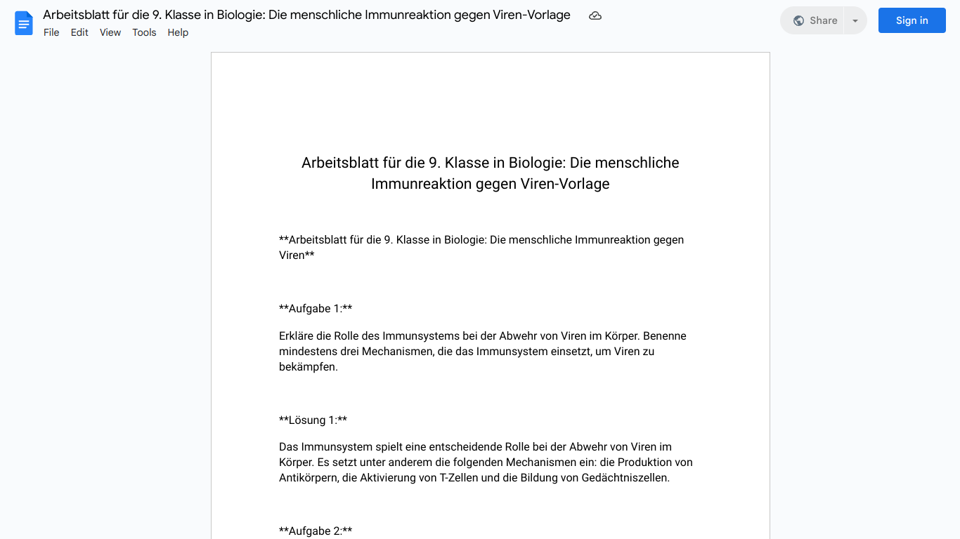 Arbeitsblatt für die 9. Klasse in Biologie: Die menschliche Immunreaktion gegen Viren-Vorlage