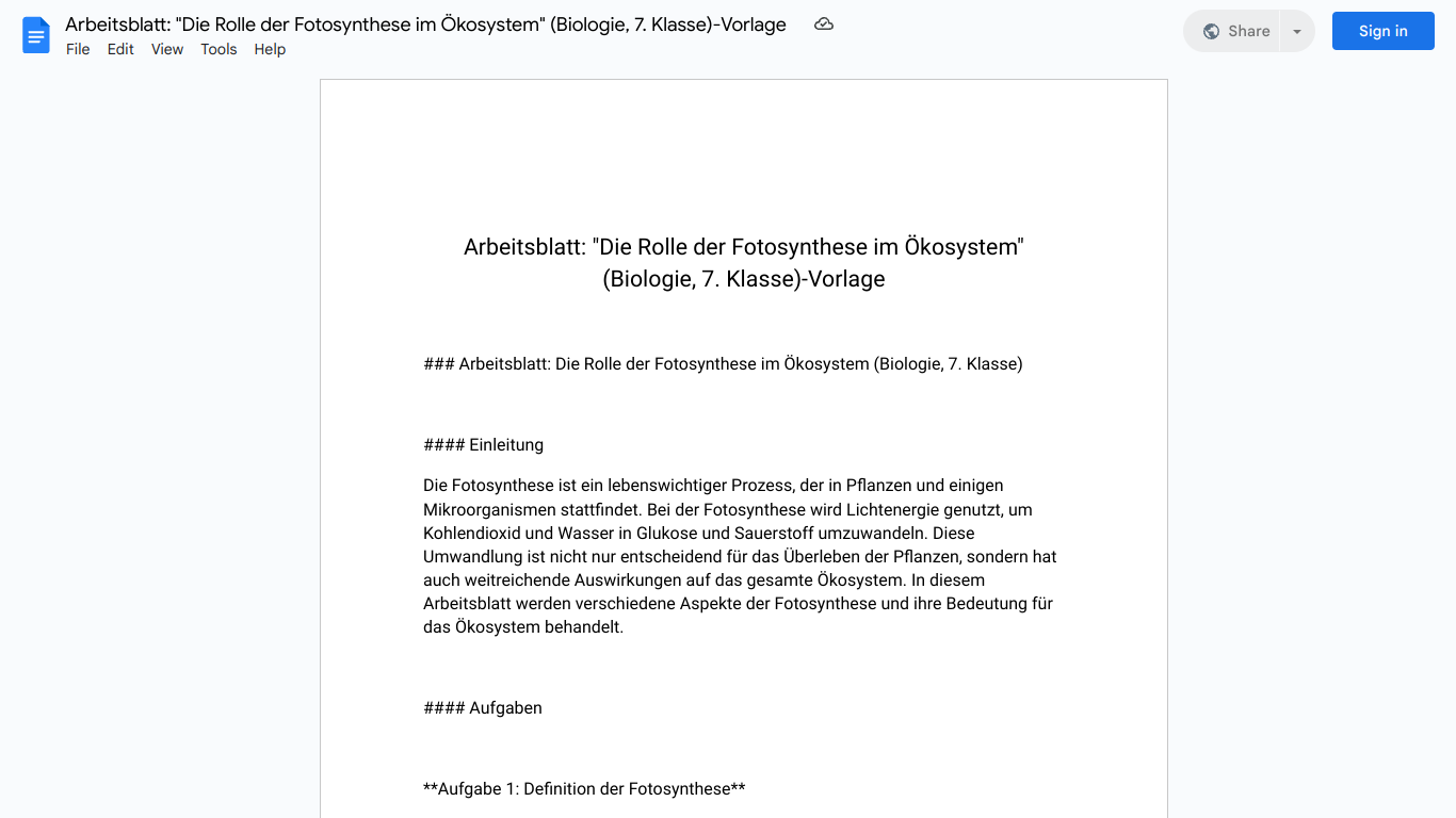 Arbeitsblatt: "Die Rolle der Fotosynthese im Ökosystem" (Biologie, 7. Klasse)-Vorlage