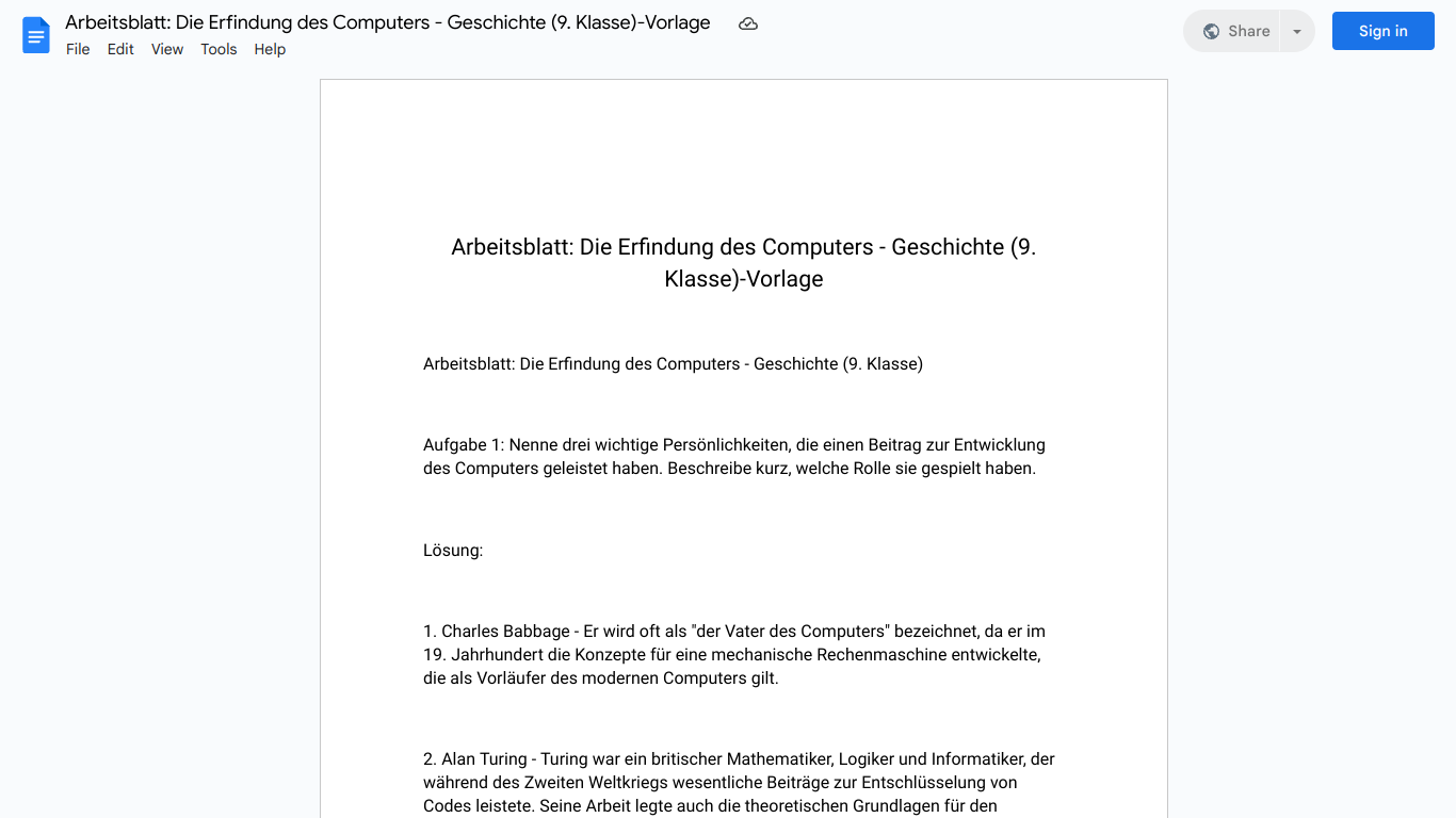 Arbeitsblatt: Die Erfindung des Computers - Geschichte (9. Klasse)-Vorlage