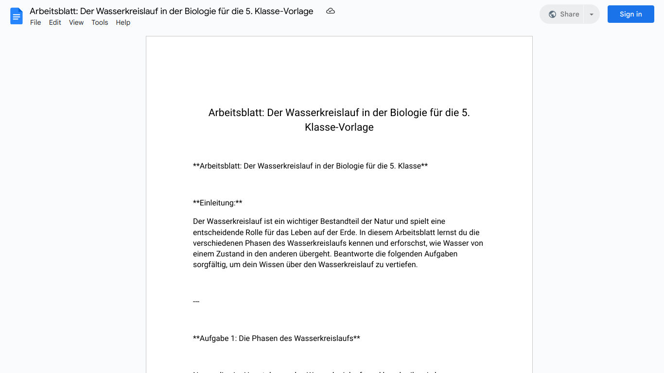 Arbeitsblatt: Der Wasserkreislauf in der Biologie für die 5. Klasse-Vorlage