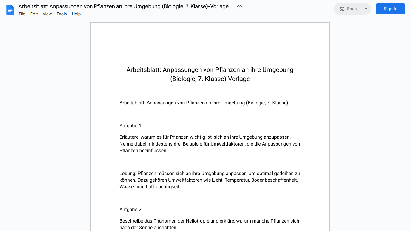 Arbeitsblatt: Anpassungen von Pflanzen an ihre Umgebung (Biologie, 7. Klasse)-Vorlage