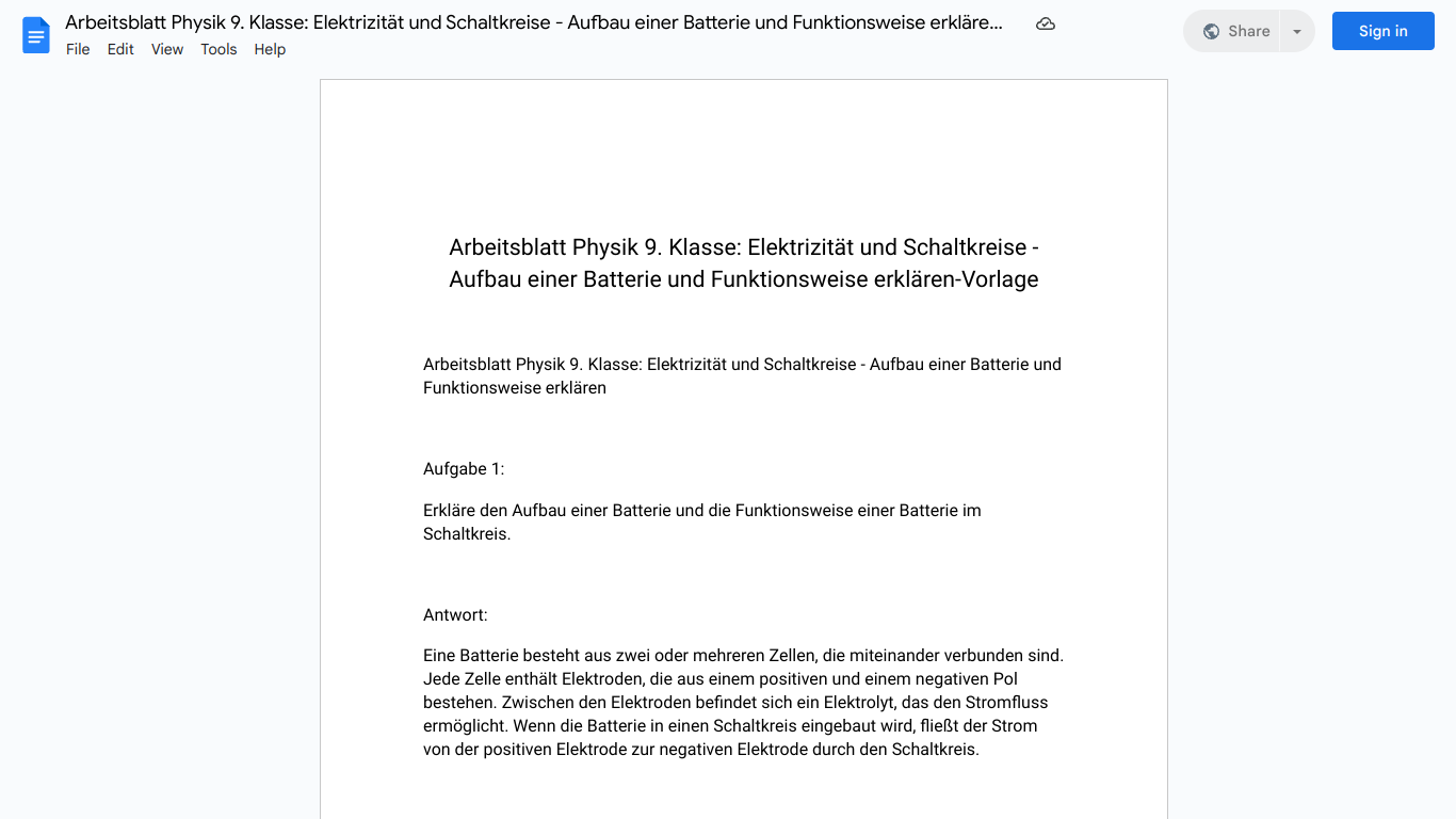 Arbeitsblatt Physik 9. Klasse: Elektrizität und Schaltkreise - Aufbau einer Batterie und Funktionsweise erklären-Vorlage