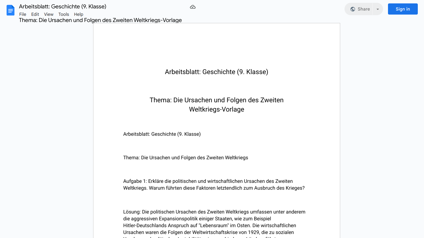 Arbeitsblatt: Geschichte (9. Klasse)

Thema: Die Ursachen und Folgen des Zweiten Weltkriegs-Vorlage