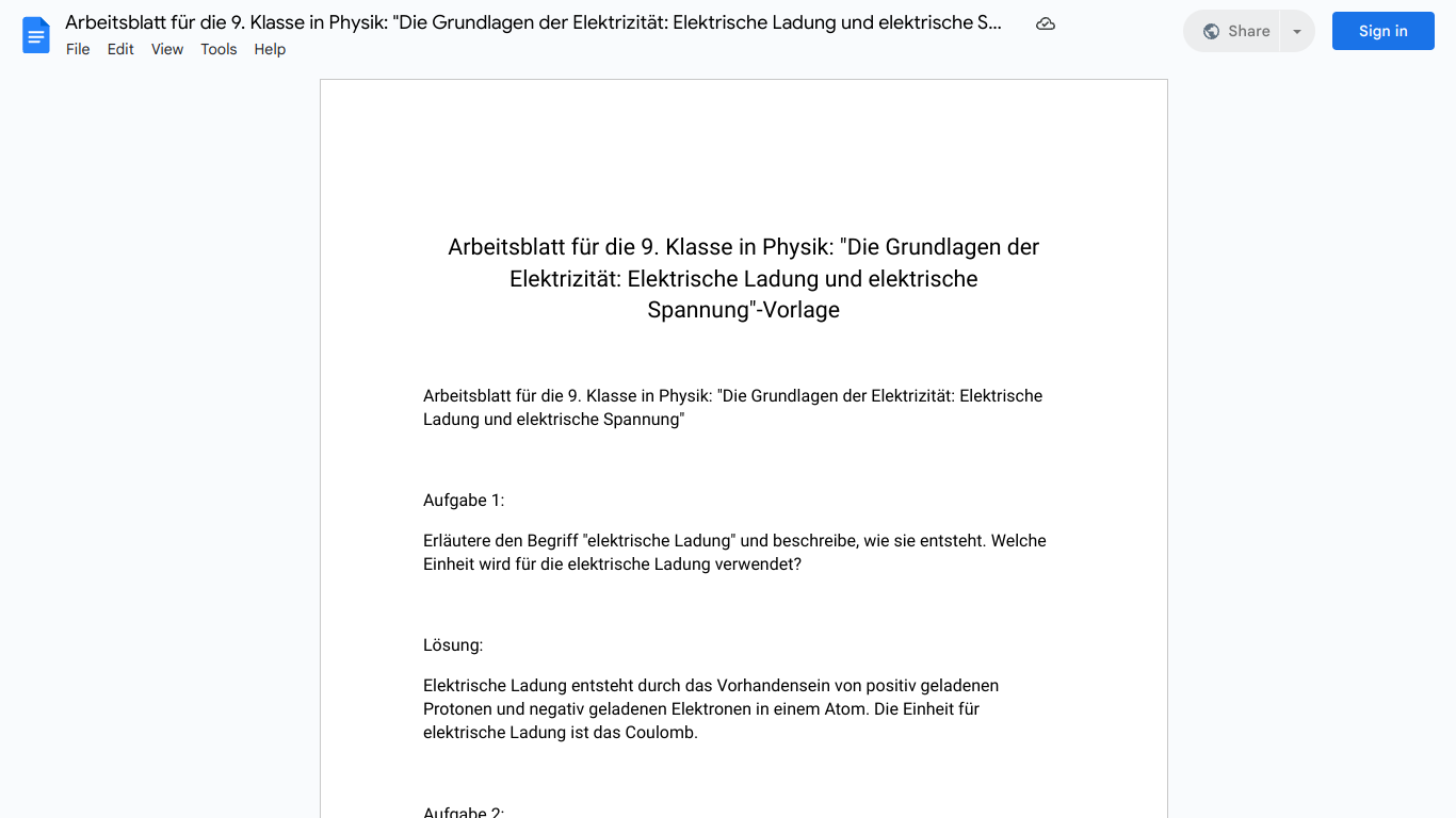 Arbeitsblatt für die 9. Klasse in Physik: "Die Grundlagen der Elektrizität: Elektrische Ladung und elektrische Spannung"-Vorlage