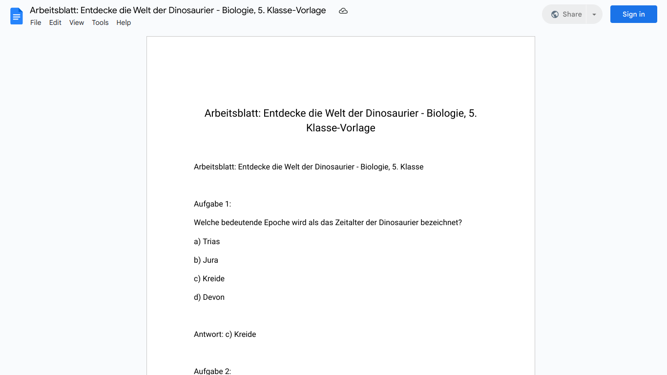 Arbeitsblatt: Entdecke die Welt der Dinosaurier - Biologie, 5. Klasse-Vorlage