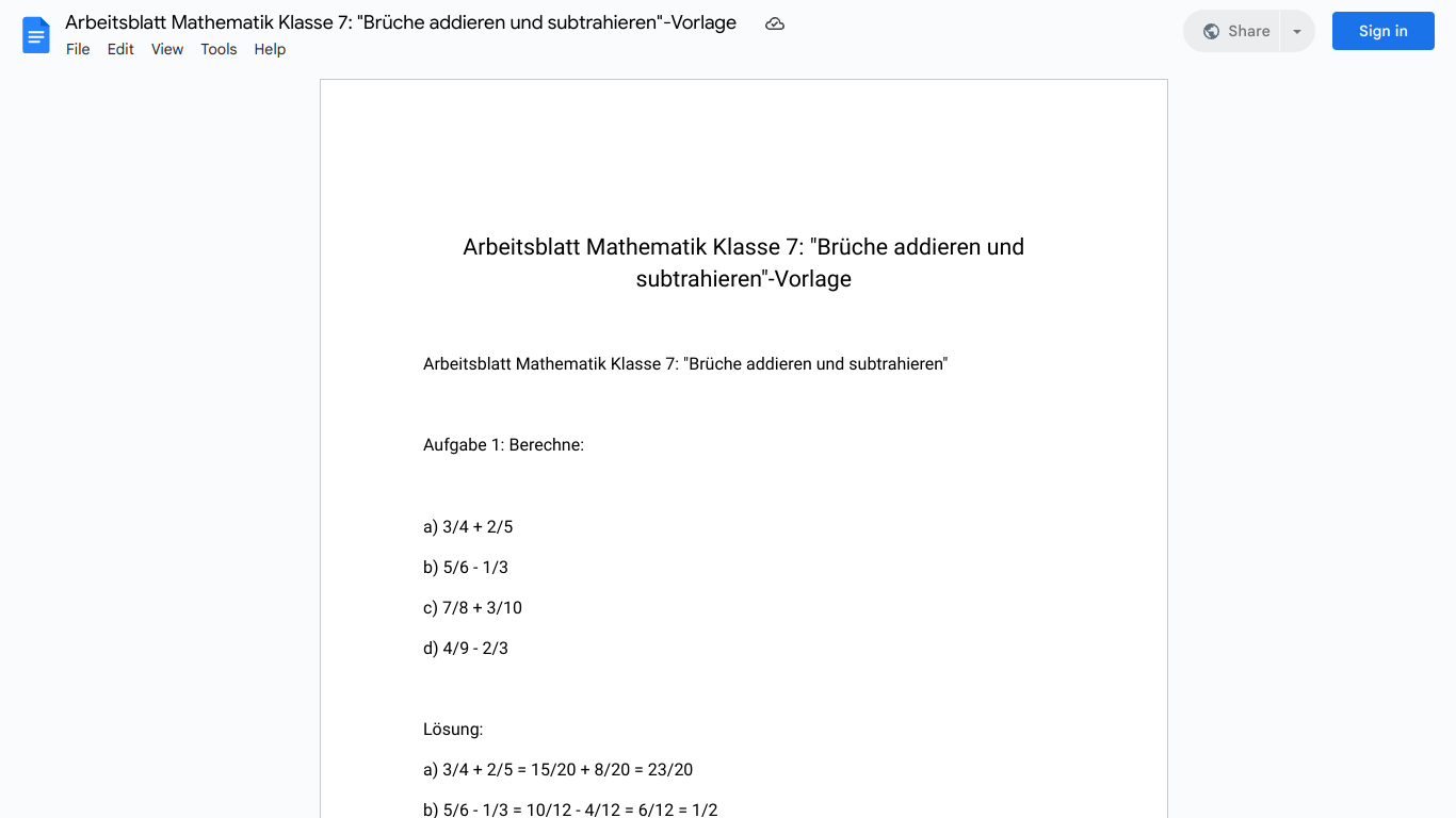 Arbeitsblatt Mathematik Klasse 7: "Brüche addieren und subtrahieren"-Vorlage