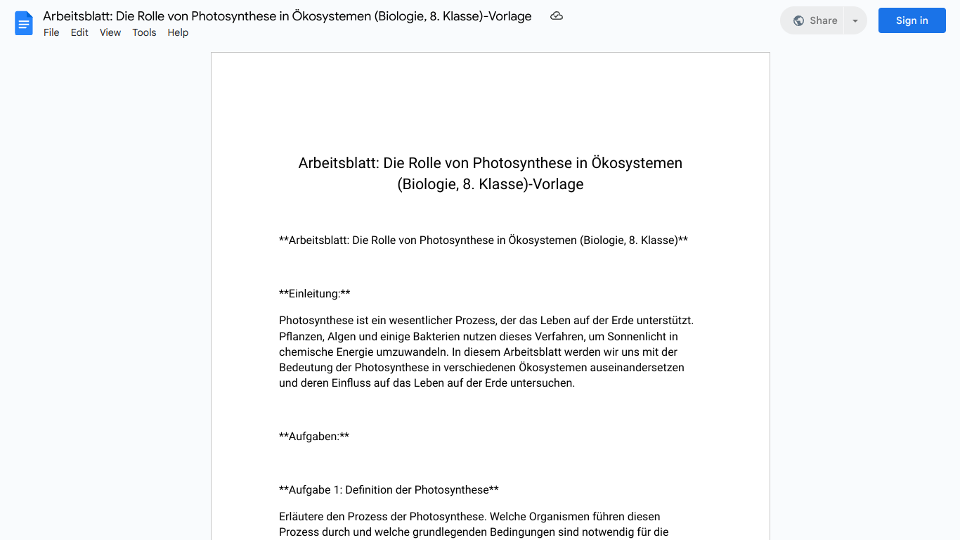 Arbeitsblatt: Die Rolle von Photosynthese in Ökosystemen (Biologie, 8. Klasse)-Vorlage