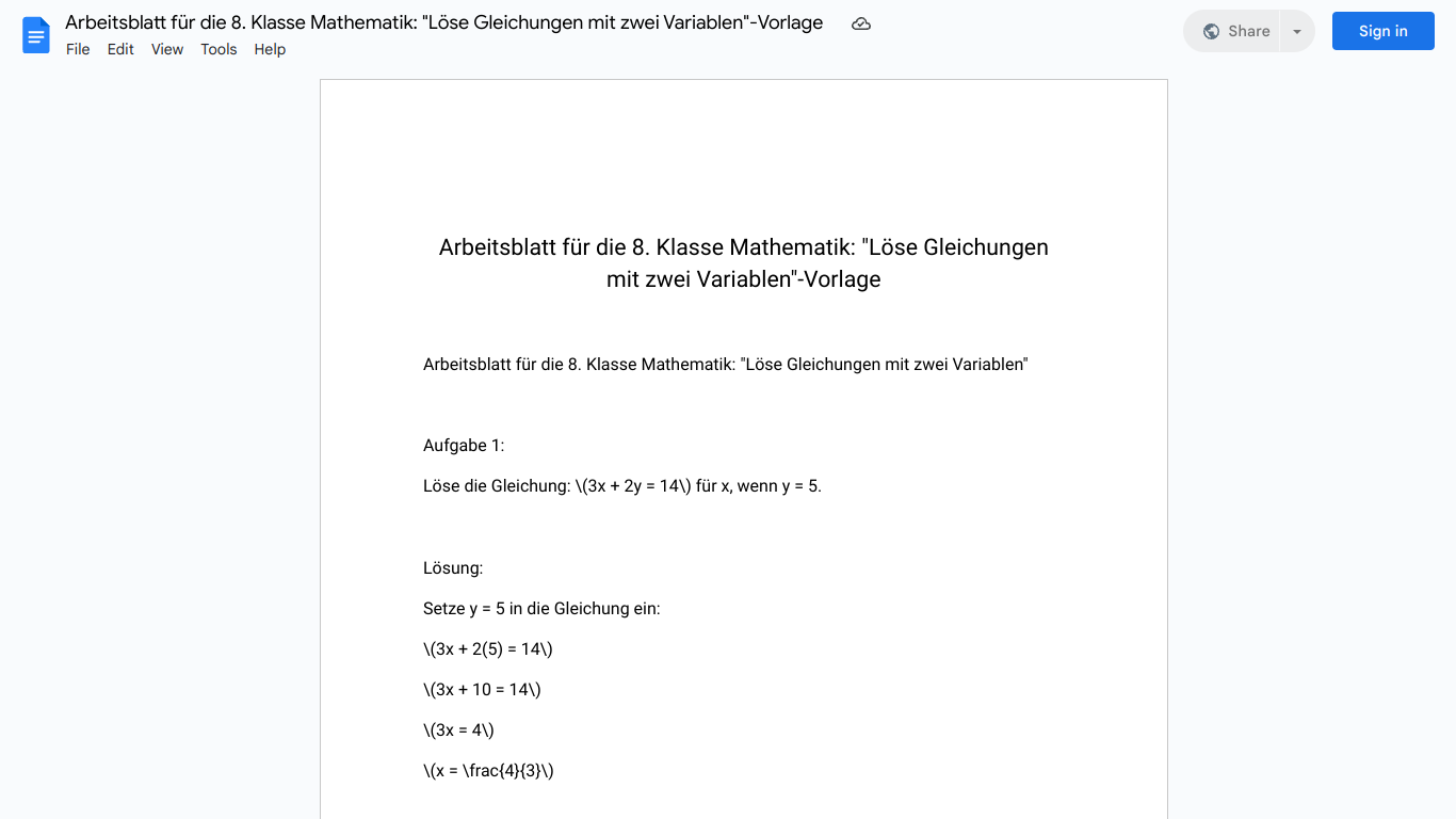 Arbeitsblatt für die 8. Klasse Mathematik: "Löse Gleichungen mit zwei Variablen"-Vorlage