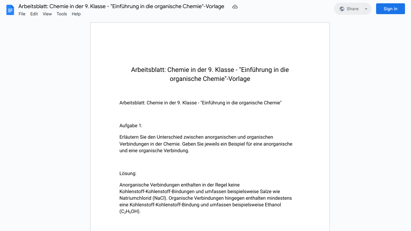 Arbeitsblatt: Chemie in der 9. Klasse - "Einführung in die organische Chemie"-Vorlage