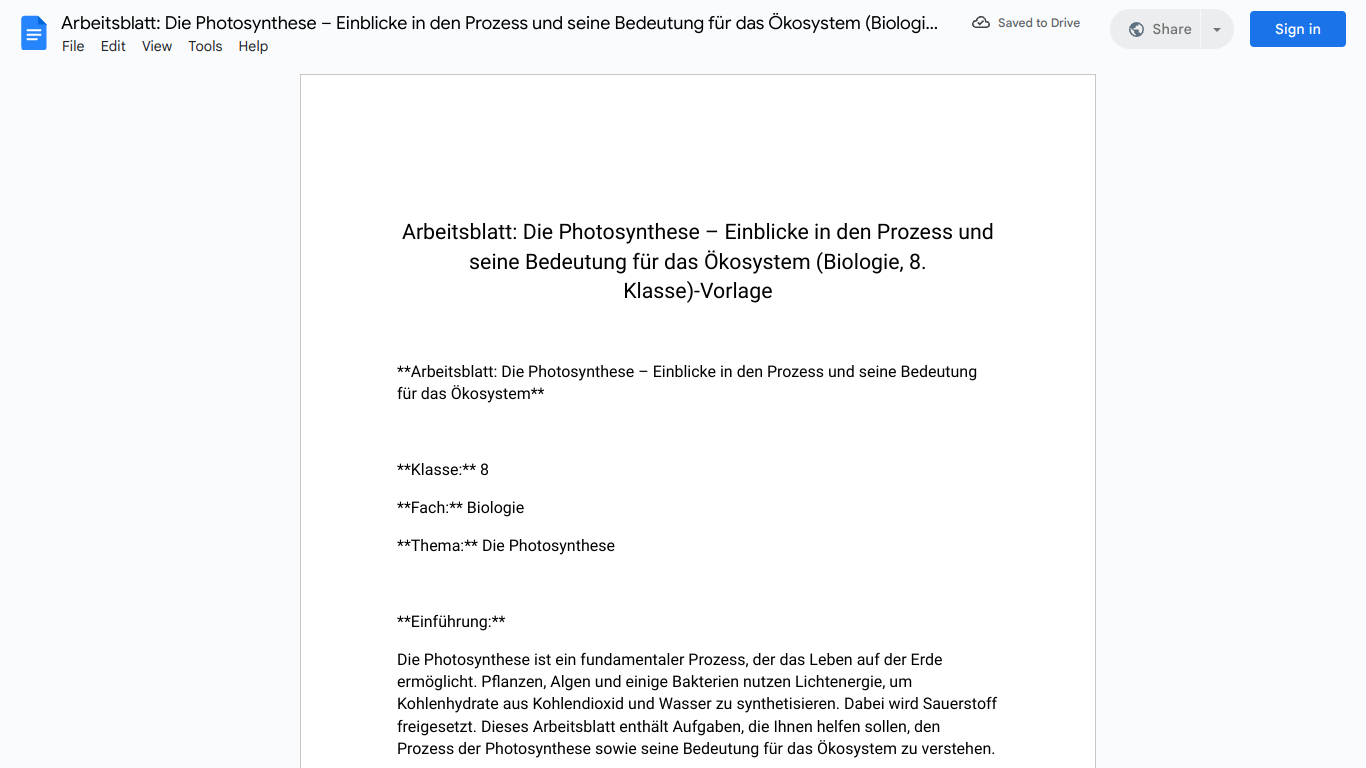 Arbeitsblatt: Die Photosynthese – Einblicke in den Prozess und seine Bedeutung für das Ökosystem (Biologie, 8. Klasse)-Vorlage