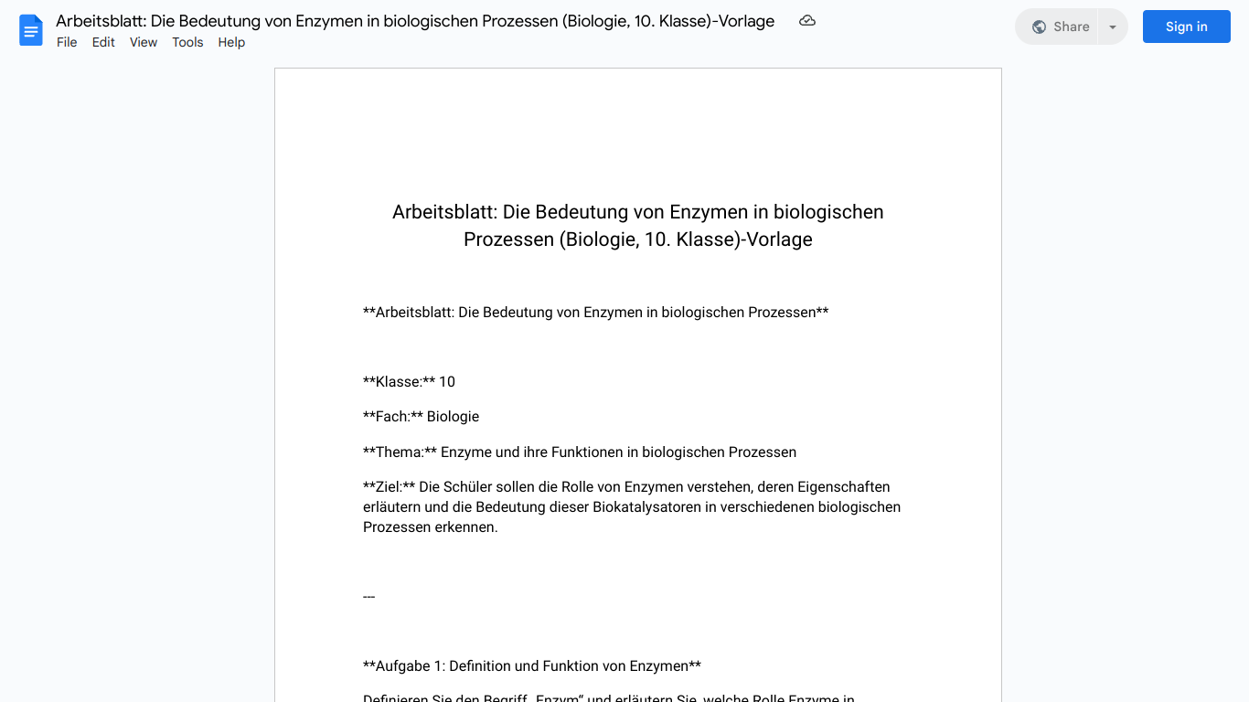 Arbeitsblatt: Die Bedeutung von Enzymen in biologischen Prozessen (Biologie, 10. Klasse)-Vorlage