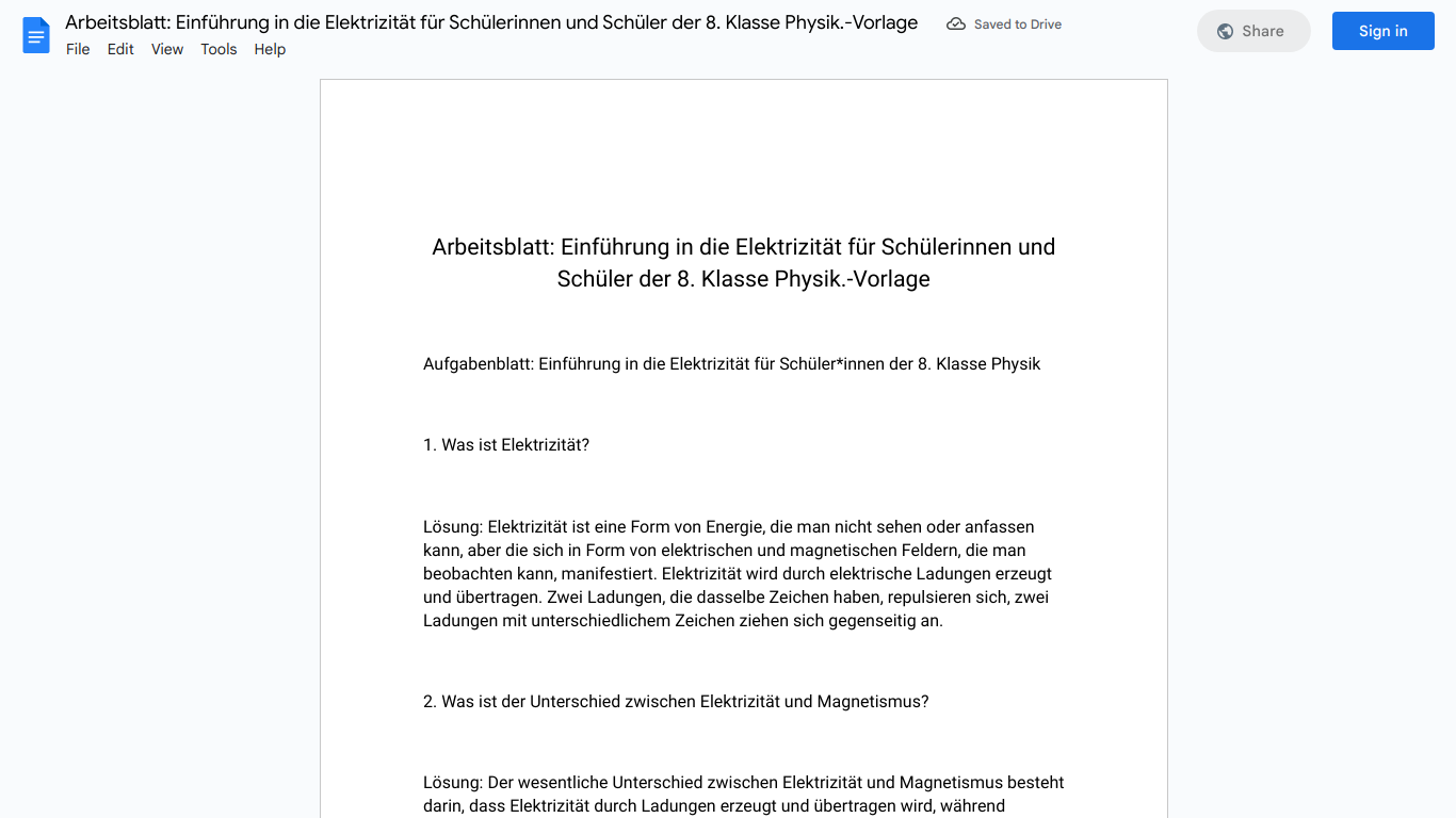 Arbeitsblatt: Einführung in die Elektrizität für Schülerinnen und Schüler der 8. Klasse Physik.-Vorlage