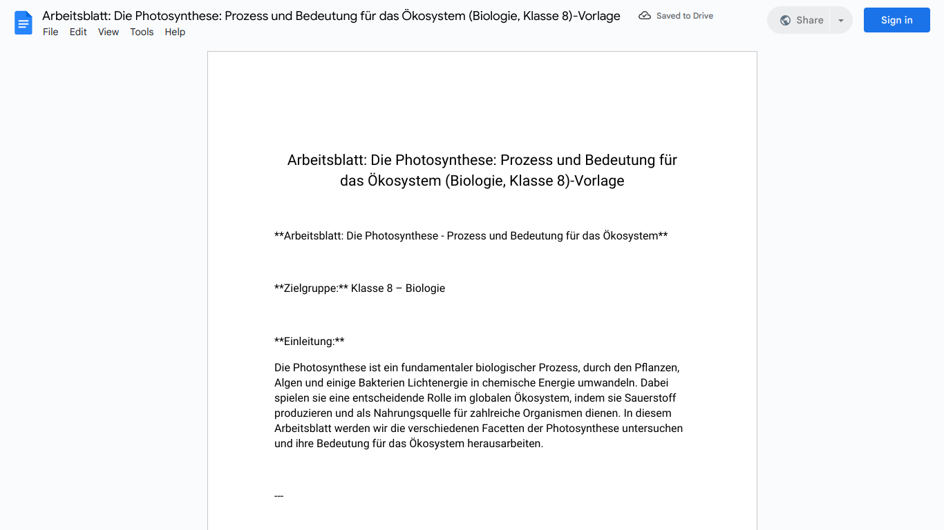 Arbeitsblatt: Die Photosynthese: Prozess und Bedeutung für das Ökosystem (Biologie, Klasse 8)-Vorlage