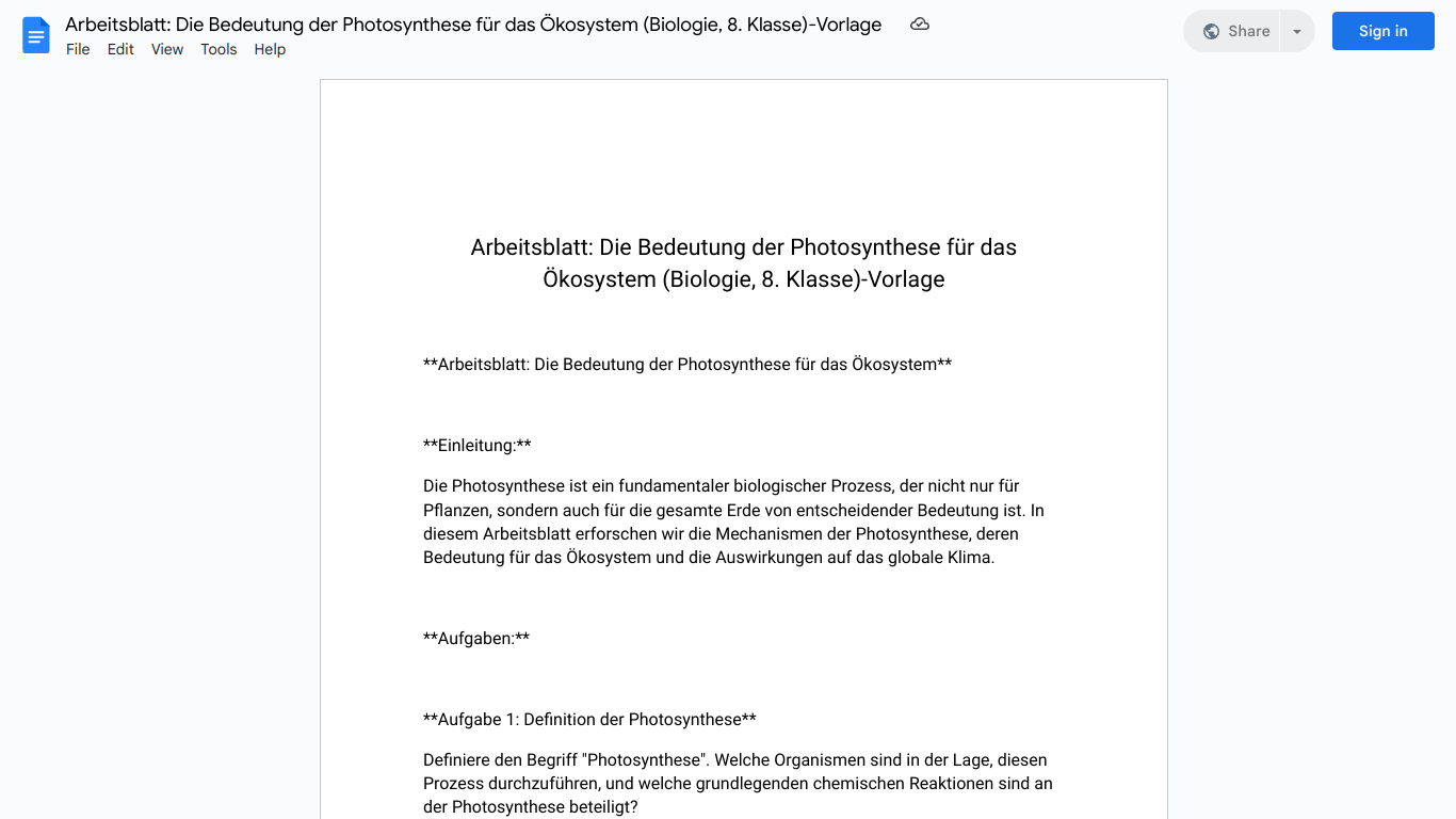 Arbeitsblatt: Die Bedeutung der Photosynthese für das Ökosystem (Biologie, 8. Klasse)-Vorlage