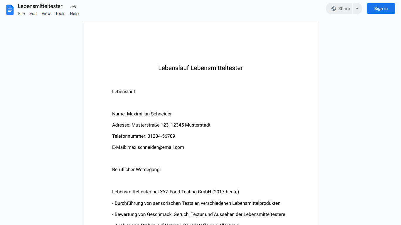 Lebenslauf-Lebensmitteltester