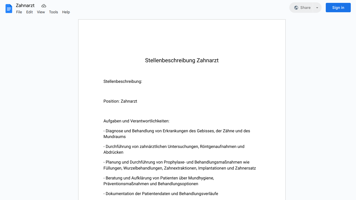 Stellenbeschreibung-Zahnarzt