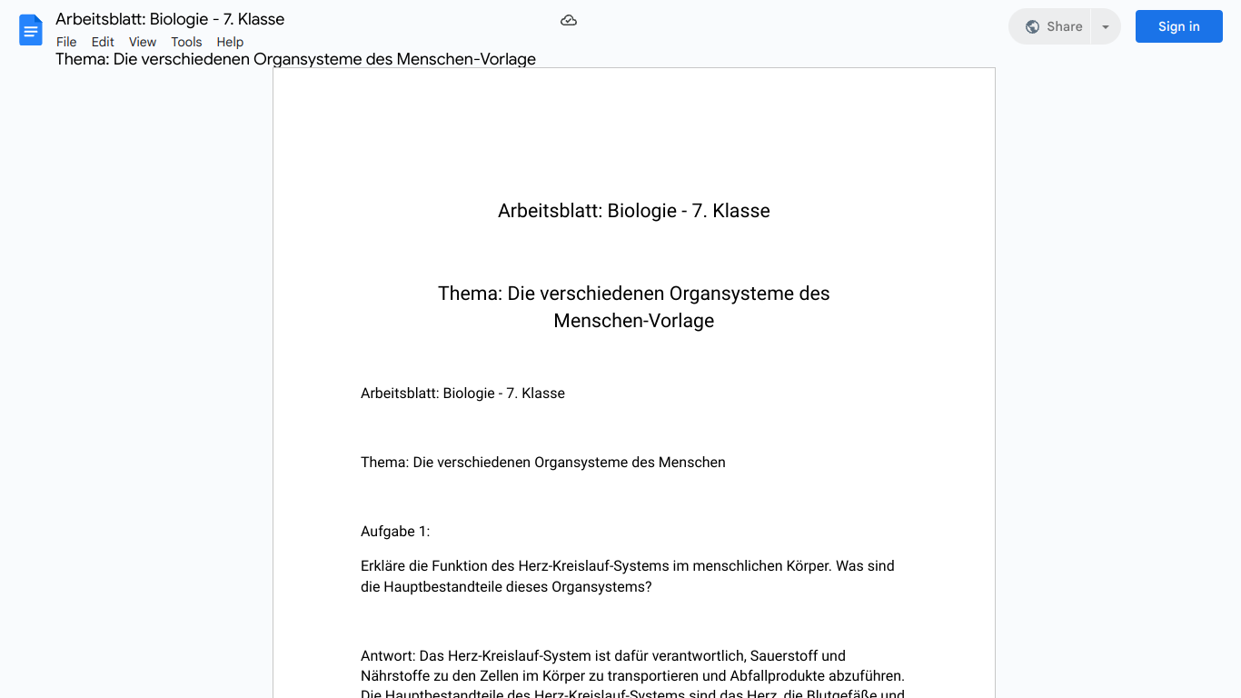 Arbeitsblatt: Biologie - 7. Klasse 

Thema: Die verschiedenen Organsysteme des Menschen-Vorlage