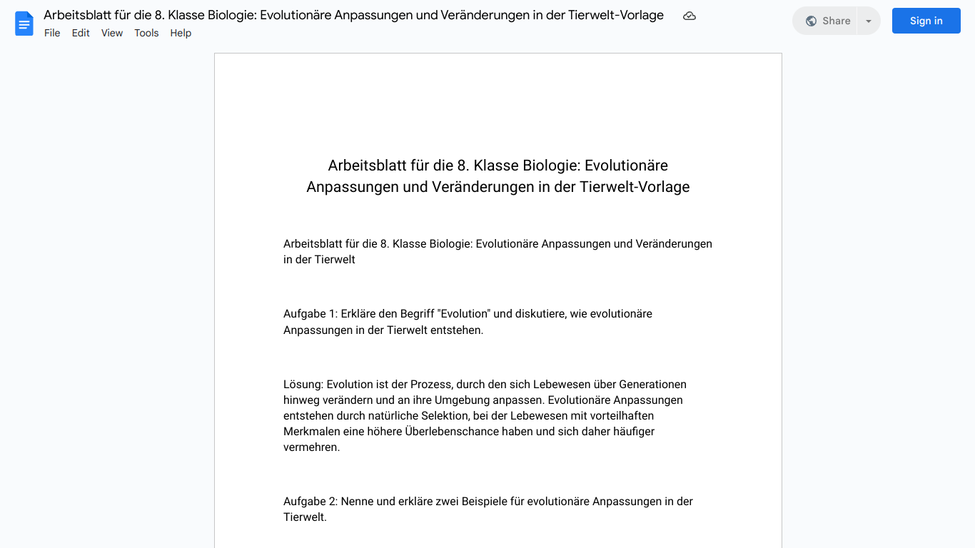 Arbeitsblatt für die 8. Klasse Biologie: Evolutionäre Anpassungen und Veränderungen in der Tierwelt-Vorlage