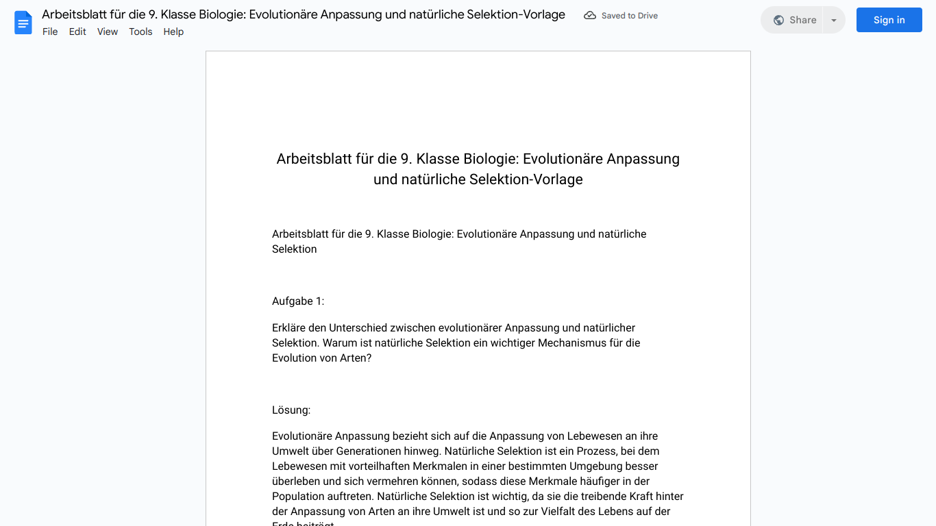 Arbeitsblatt für die 9. Klasse Biologie: Evolutionäre Anpassung und natürliche Selektion-Vorlage