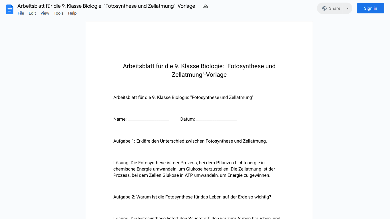 Arbeitsblatt für die 9. Klasse Biologie: "Fotosynthese und Zellatmung"-Vorlage