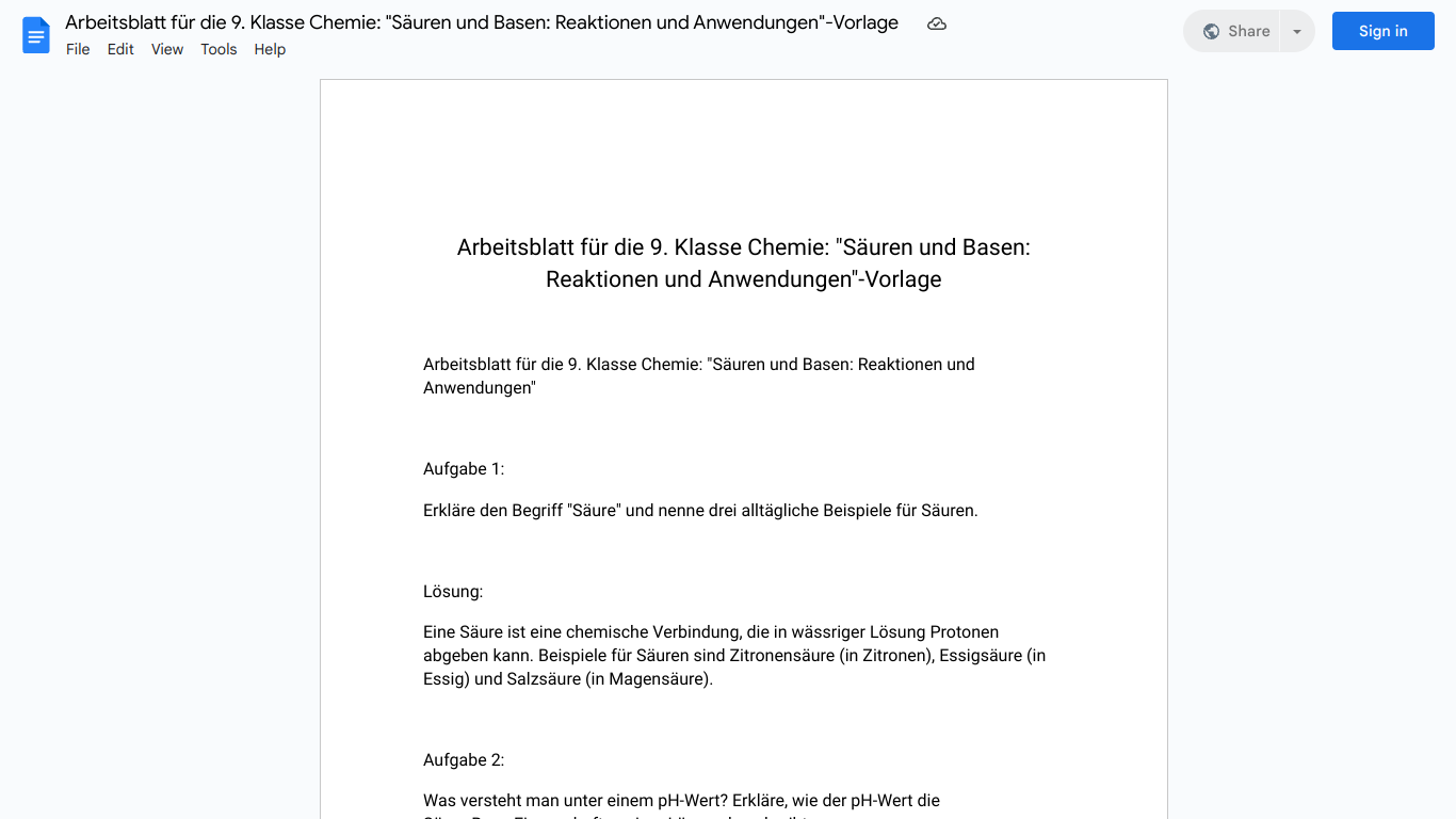 Arbeitsblatt für die 9. Klasse Chemie: "Säuren und Basen: Reaktionen und Anwendungen"-Vorlage