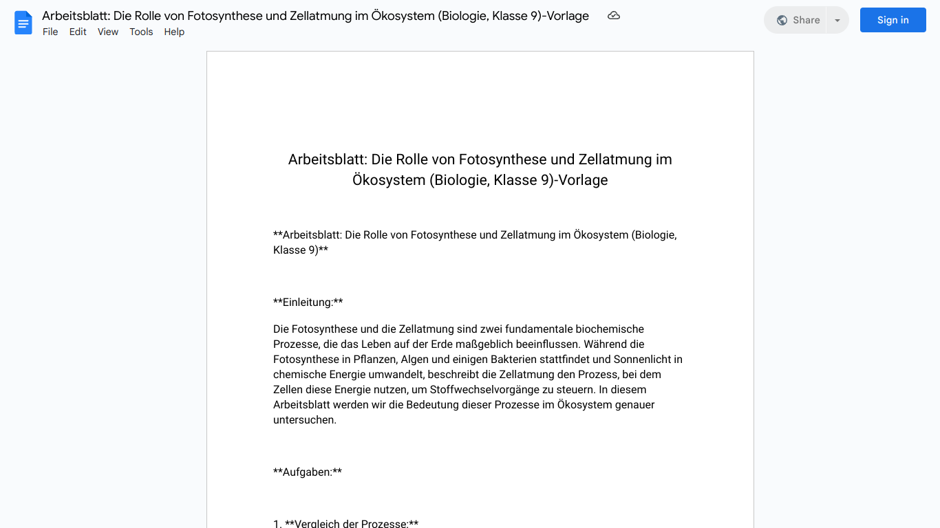 Arbeitsblatt: Die Rolle von Fotosynthese und Zellatmung im Ökosystem (Biologie, Klasse 9)-Vorlage