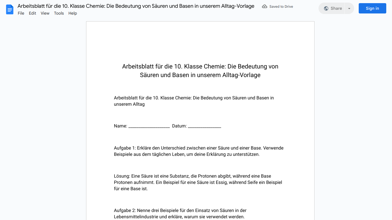 Arbeitsblatt für die 10. Klasse Chemie: Die Bedeutung von Säuren und Basen in unserem Alltag-Vorlage