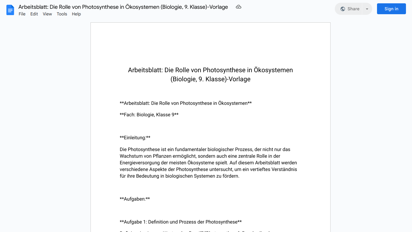 Arbeitsblatt: Die Rolle von Photosynthese in Ökosystemen (Biologie, 9. Klasse)-Vorlage