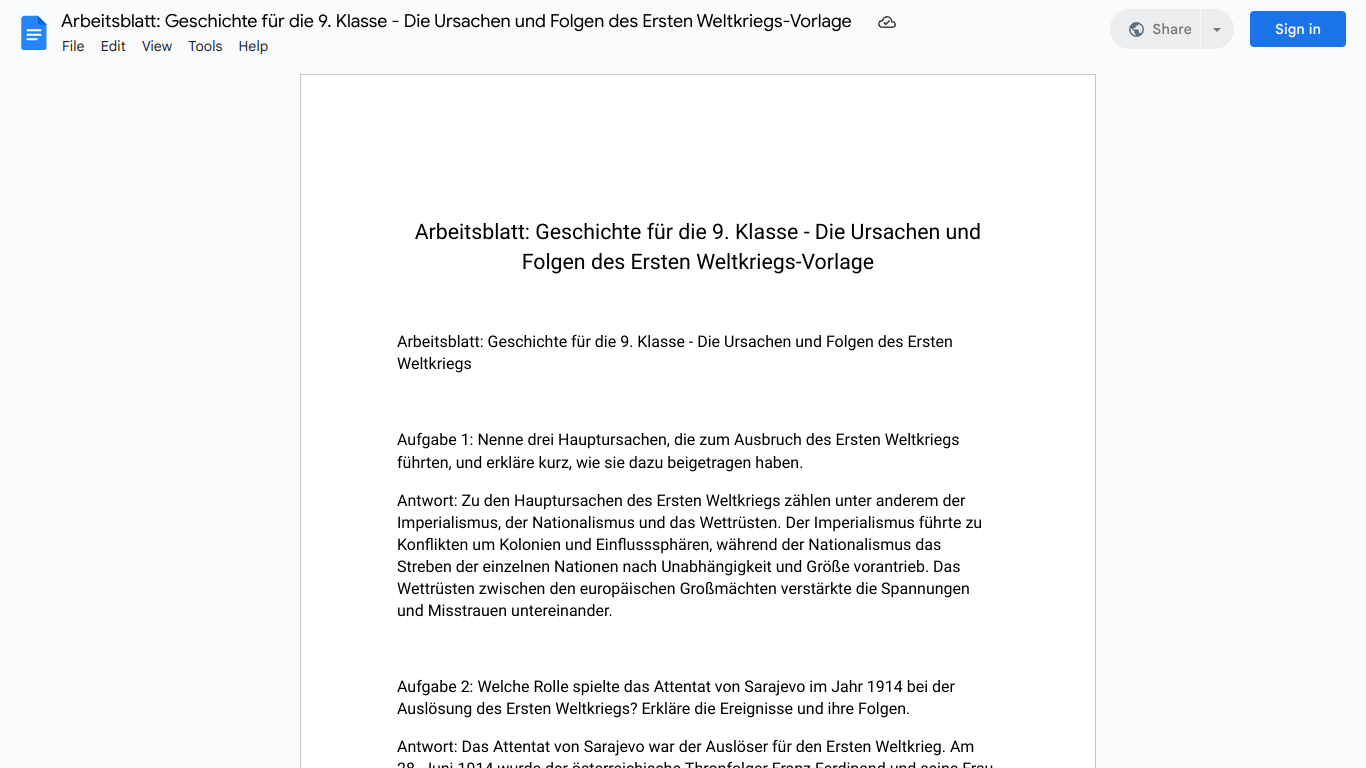 Arbeitsblatt: Geschichte für die 9. Klasse - Die Ursachen und Folgen des Ersten Weltkriegs-Vorlage