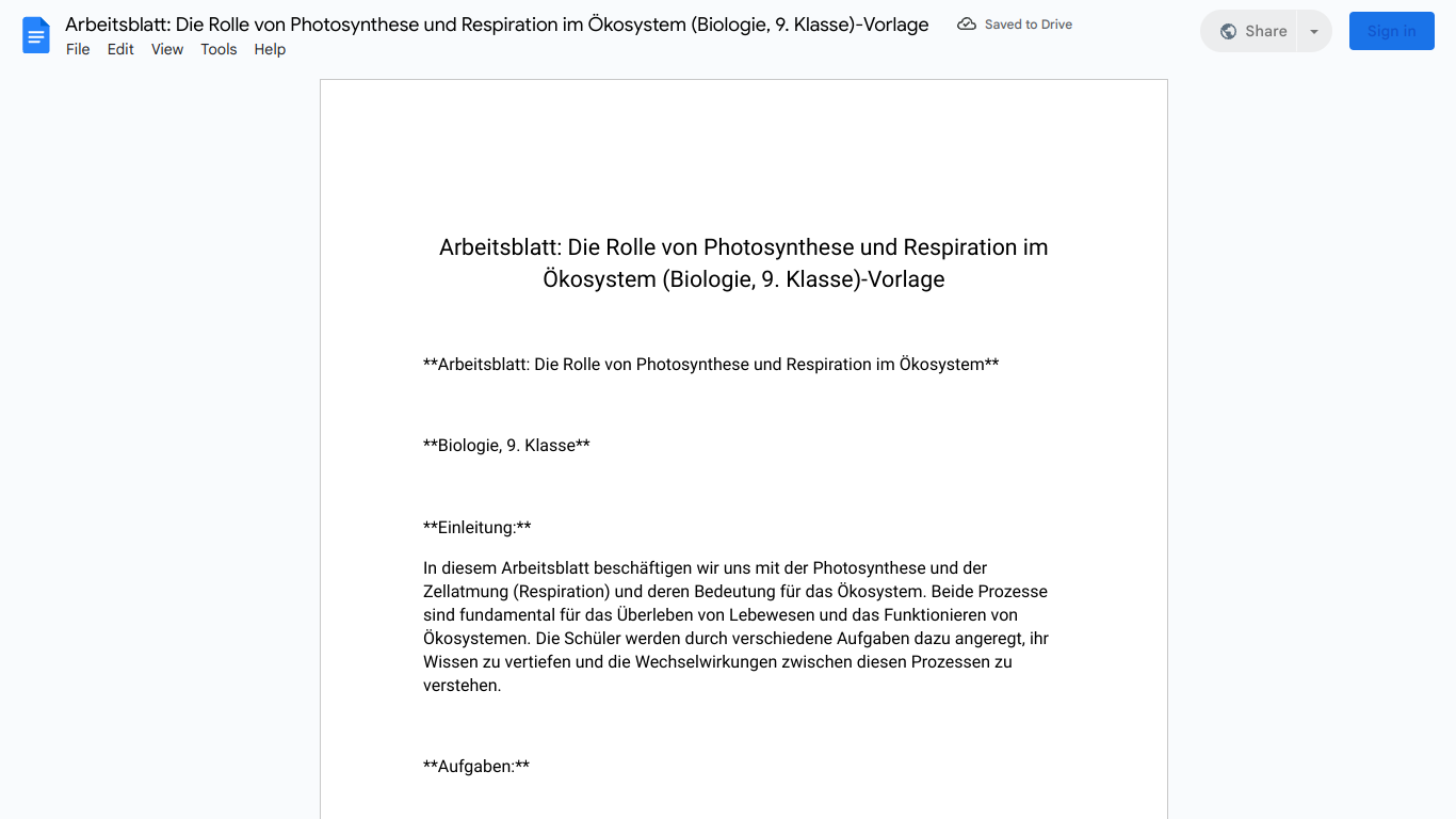 Arbeitsblatt: Die Rolle von Photosynthese und Respiration im Ökosystem (Biologie, 9. Klasse)-Vorlage