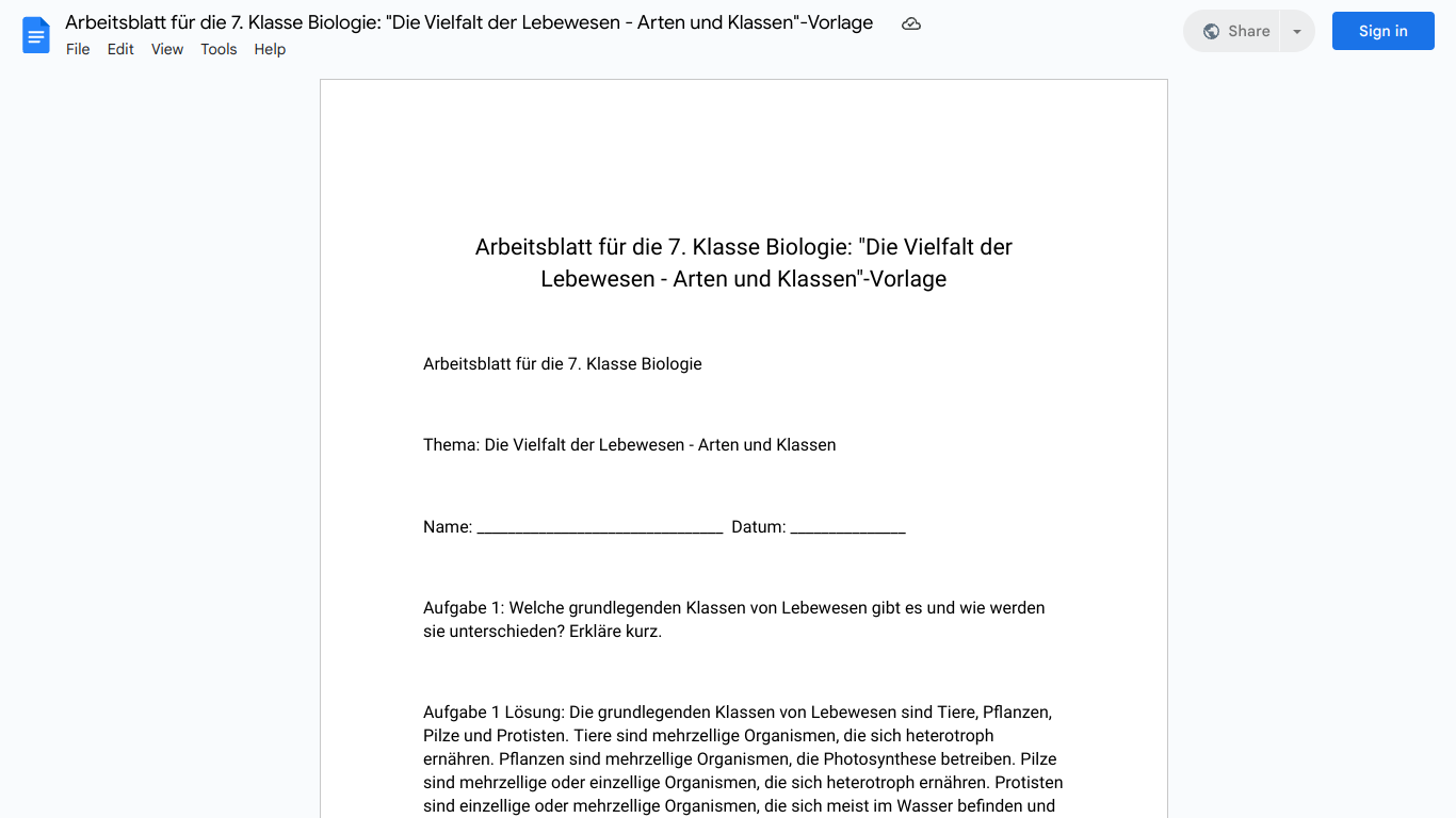 Arbeitsblatt für die 7. Klasse Biologie: "Die Vielfalt der Lebewesen - Arten und Klassen"-Vorlage