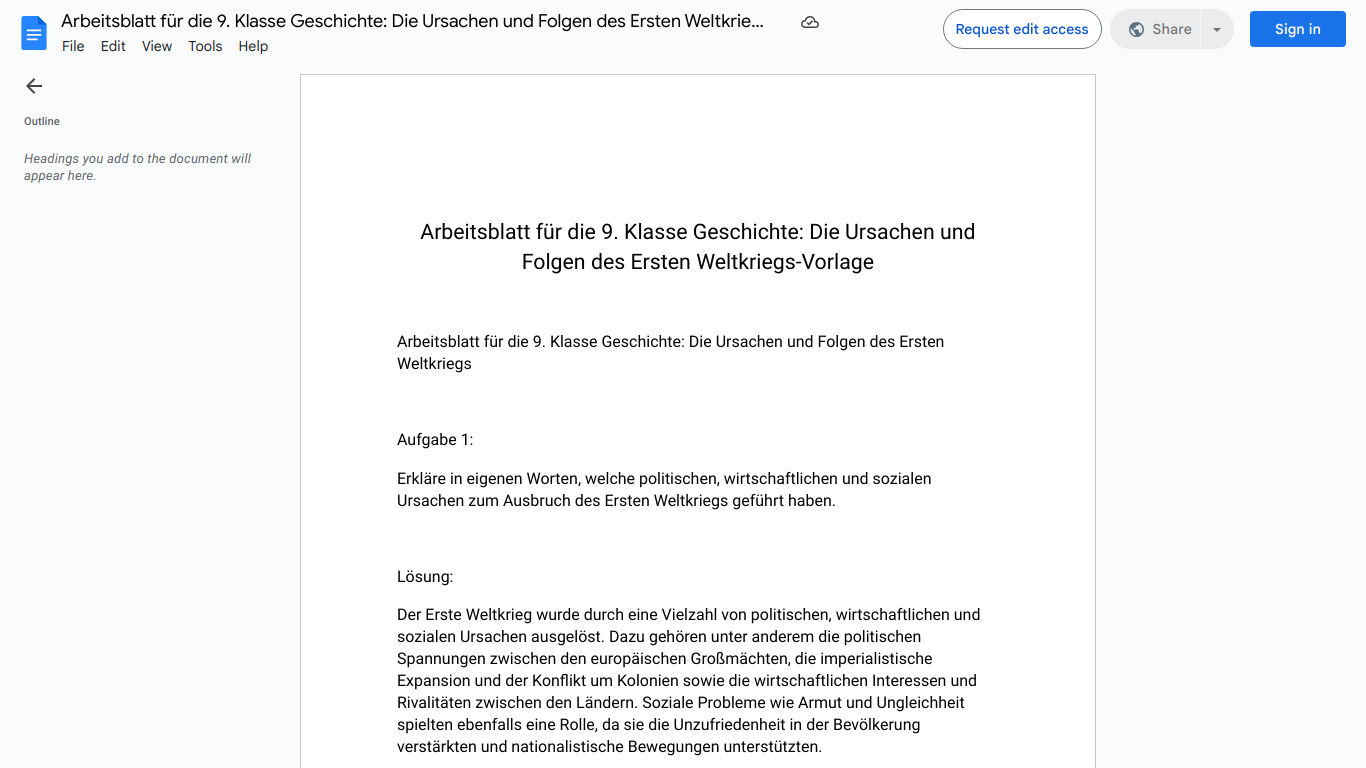 Arbeitsblatt für die 9. Klasse Geschichte: Die Ursachen und Folgen des Ersten Weltkriegs-Vorlage