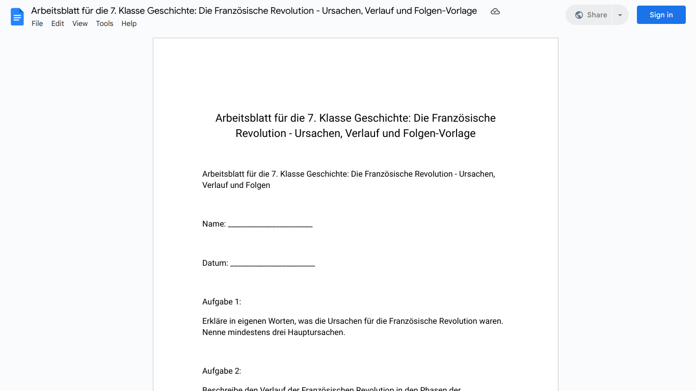 Arbeitsblatt für die 7. Klasse Geschichte: Die Französische Revolution - Ursachen, Verlauf und Folgen-Vorlage