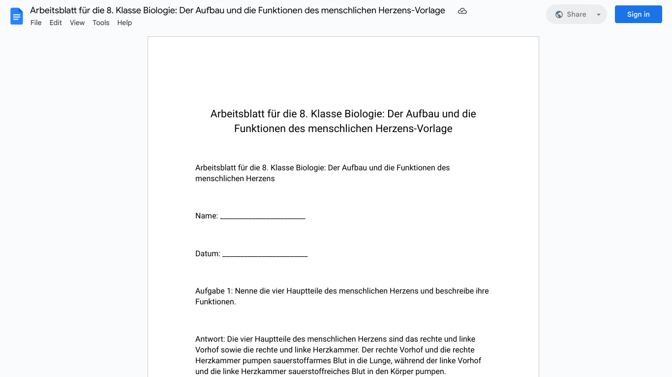 Arbeitsblatt für die 8. Klasse Biologie: Der Aufbau und die Funktionen des menschlichen Herzens-Vorlage