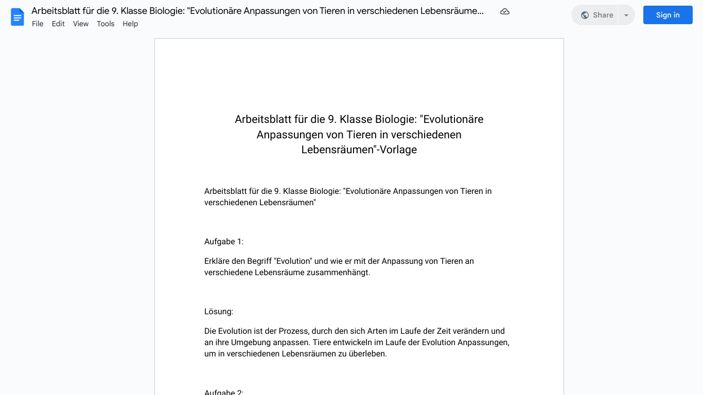 Arbeitsblatt für die 9. Klasse Biologie: "Evolutionäre Anpassungen von Tieren in verschiedenen Lebensräumen"-Vorlage