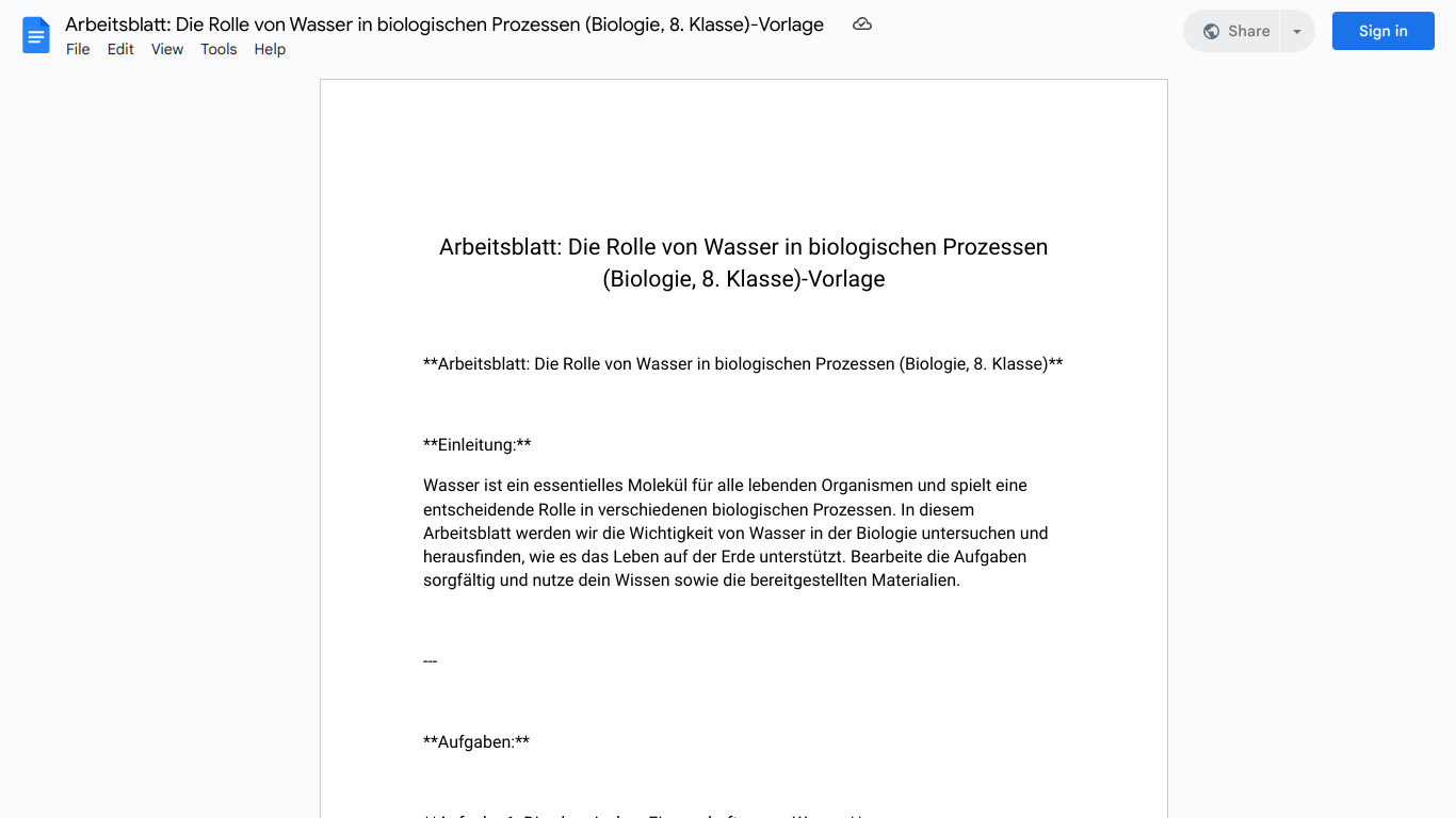 Arbeitsblatt: Die Rolle von Wasser in biologischen Prozessen (Biologie, 8. Klasse)-Vorlage